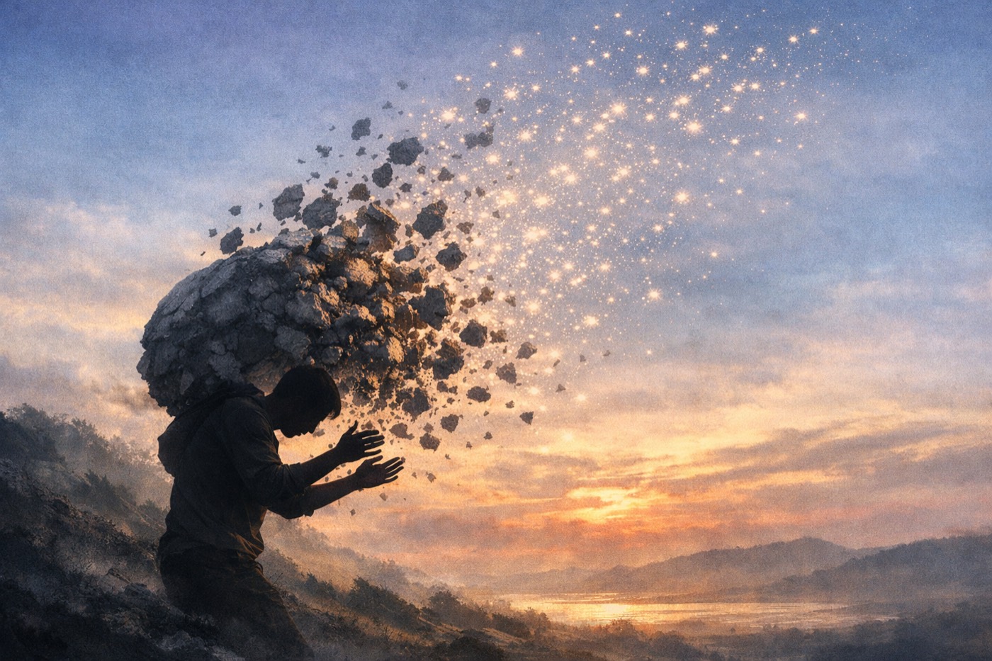 A man on a hillside at sunrise as the boulder on his back breaks apart into light