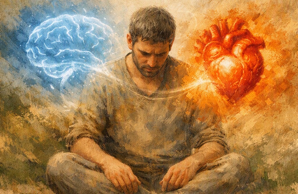Painting of a man sitting cross-legged with his head bowed, a glowing blue brain on one side of him and a red heart on the other, joined by a thread of light