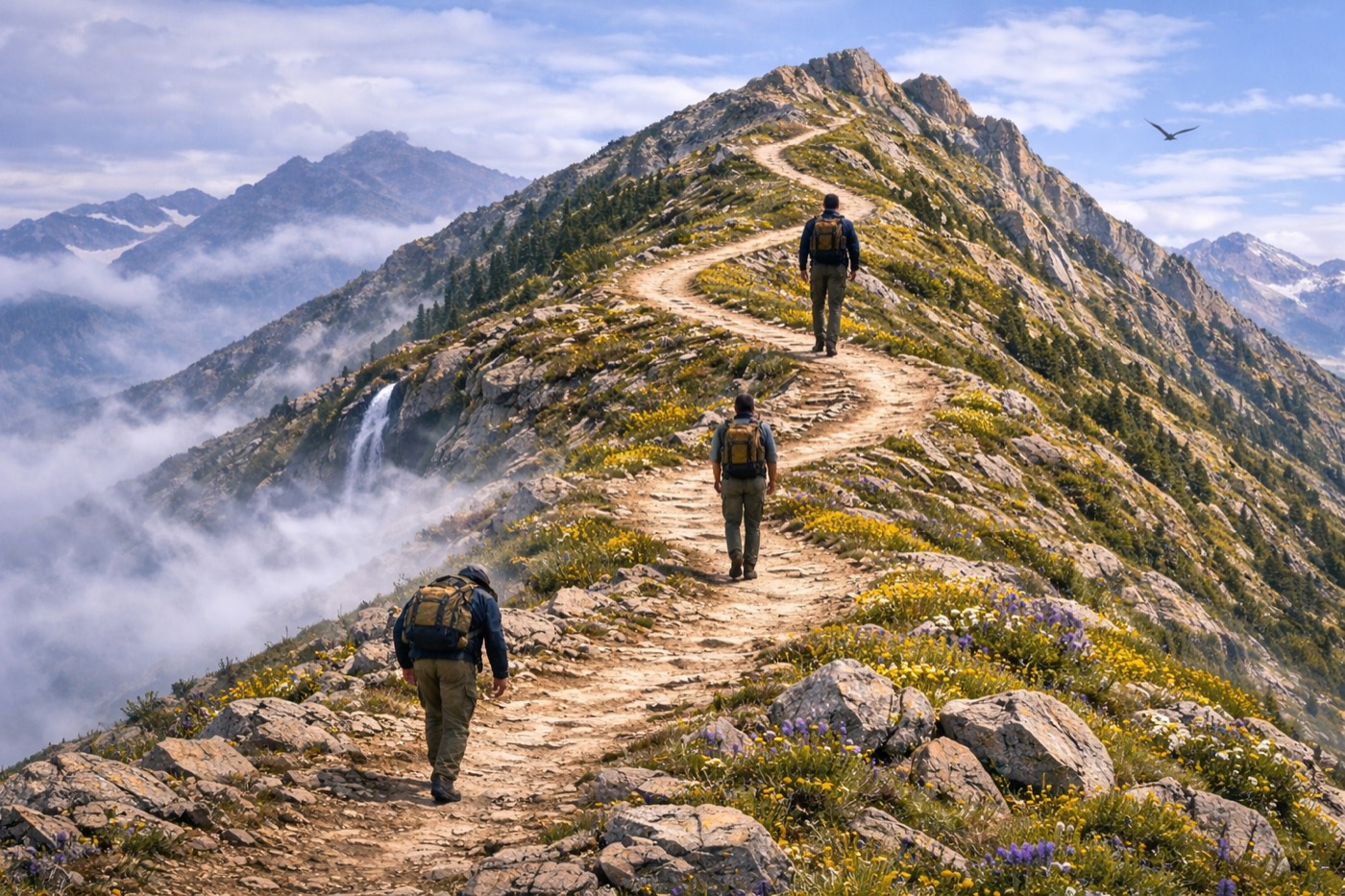 Three hikers on a winding mountain trail above the clouds