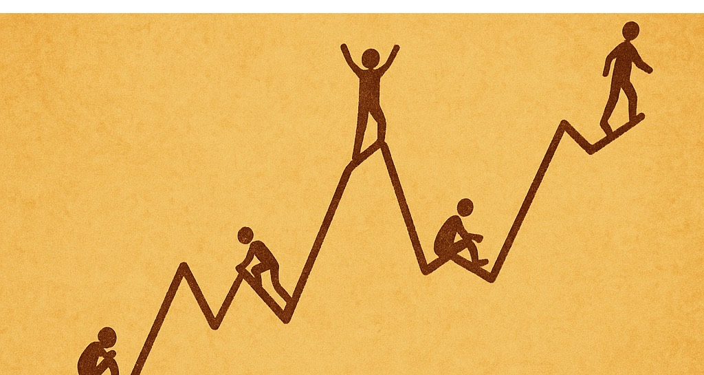 Stick figures on a zigzag line, one cheering at a peak and one resting in a dip