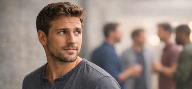A man glancing over his shoulder at a group of men talking