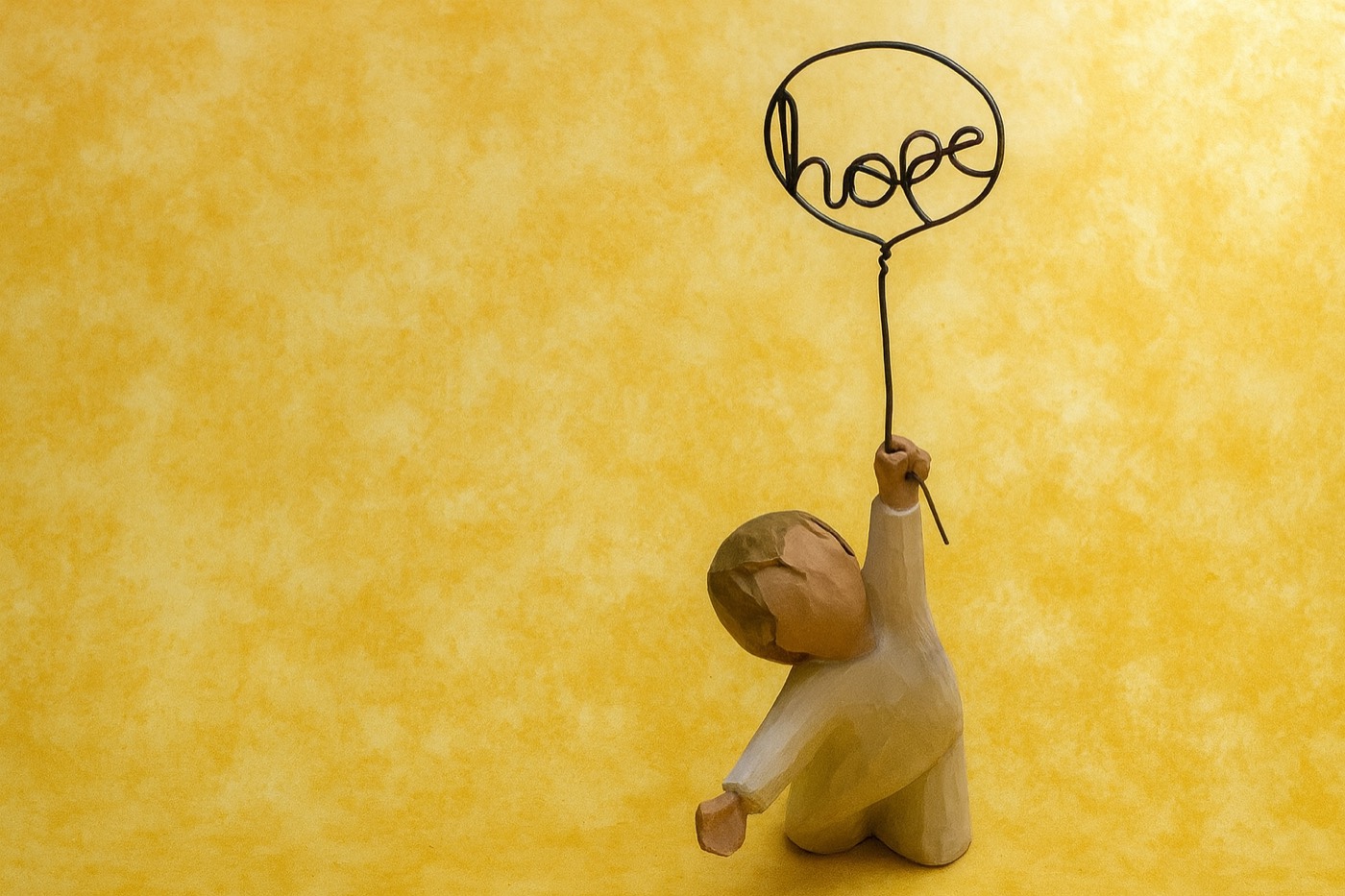 A small carved figure holding up a wire balloon that spells hope