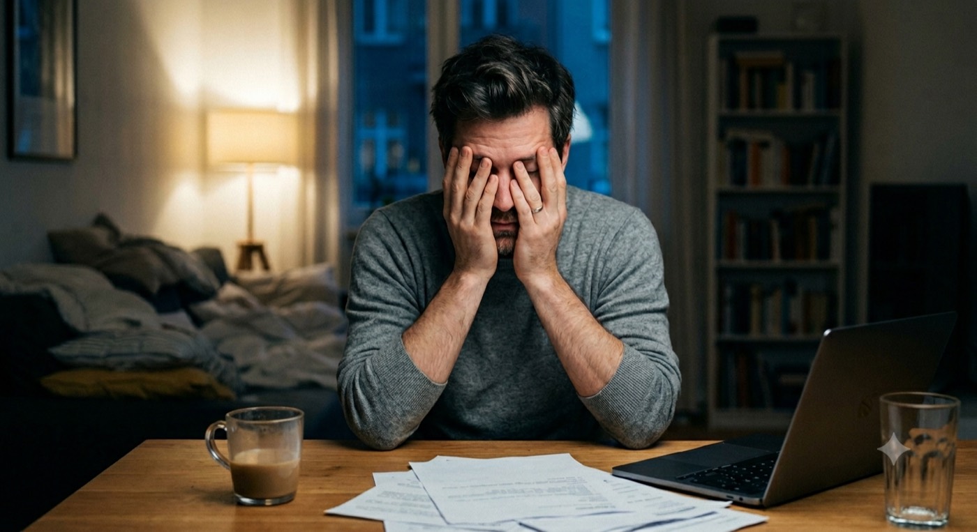 A man at a table at night with his face in his hands, papers and a laptop in front of him