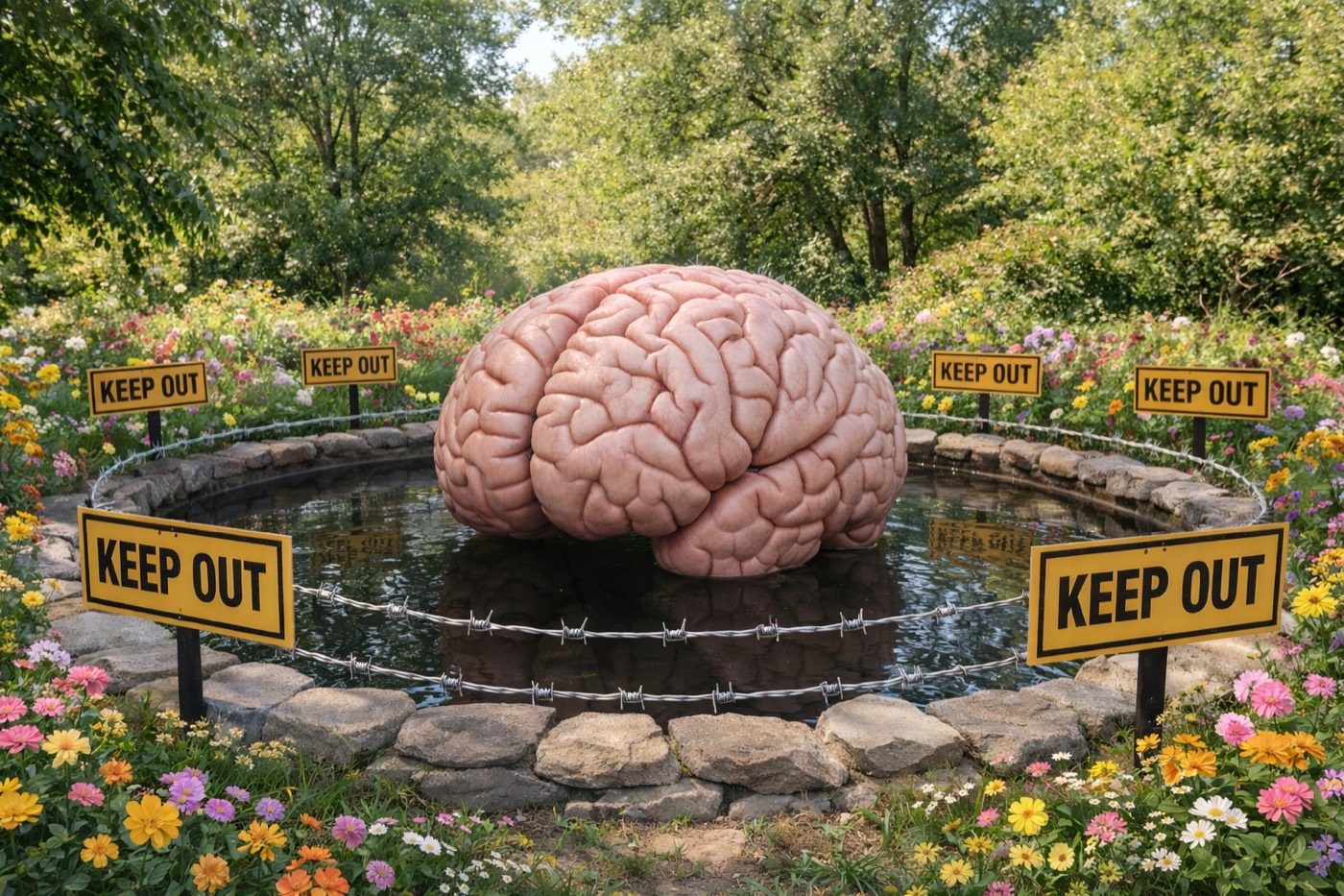 A brain in a moat ringed by barbed wire and Keep Out signs, in a flower garden